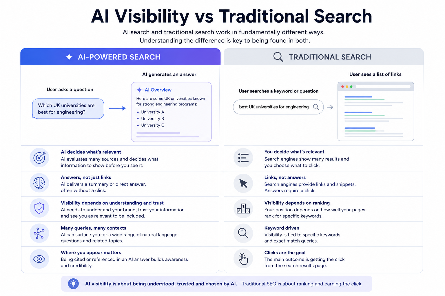 Comparison infographic by Hunterlodge Advertising showing the differences between AI visibility and traditional search. The graphic compares AI-generated answers, relevance assessment and trust signals with traditional search rankings, links and click-based discovery.