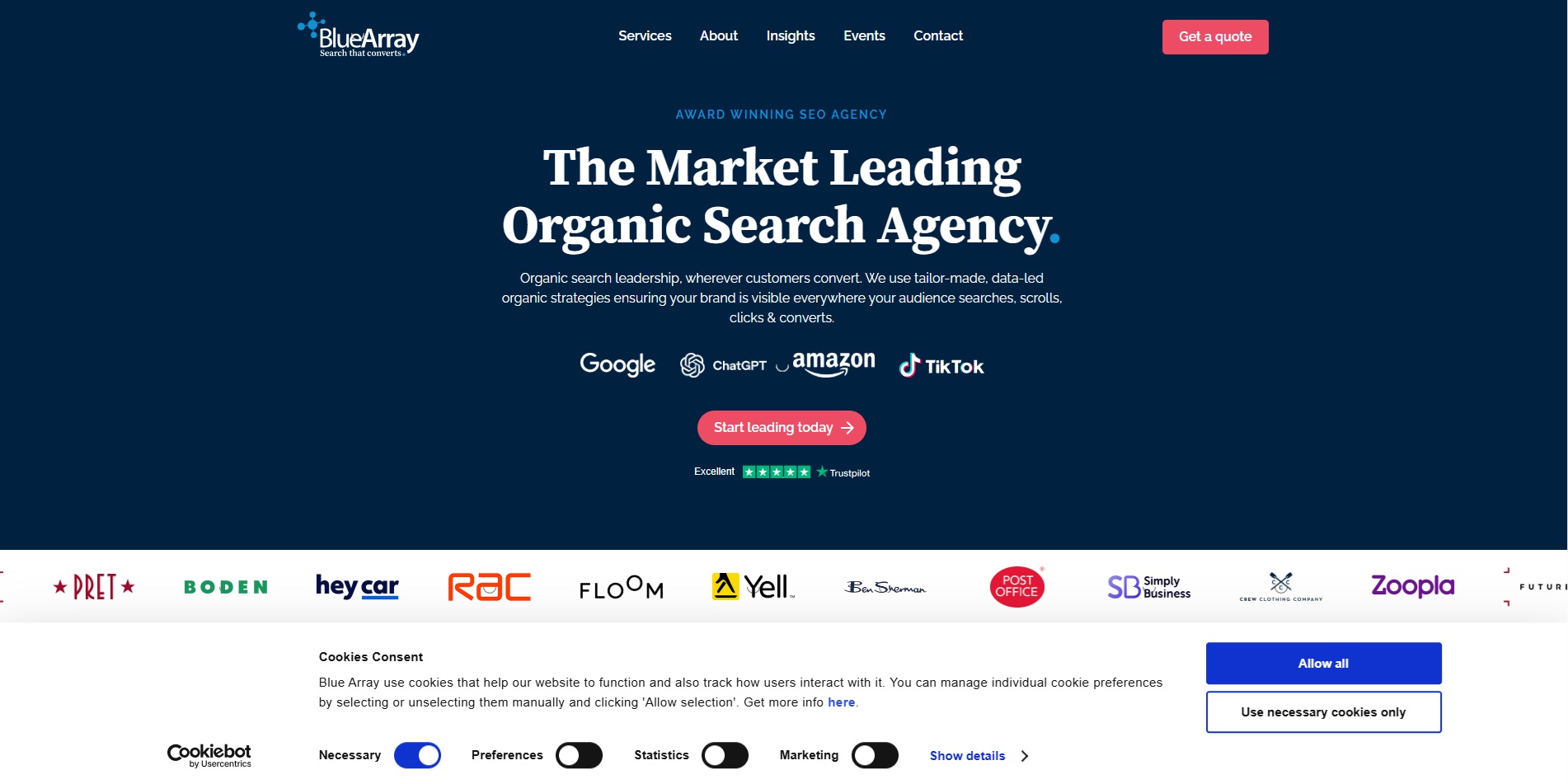 Blue Array homepage promoting organic search and GEO services