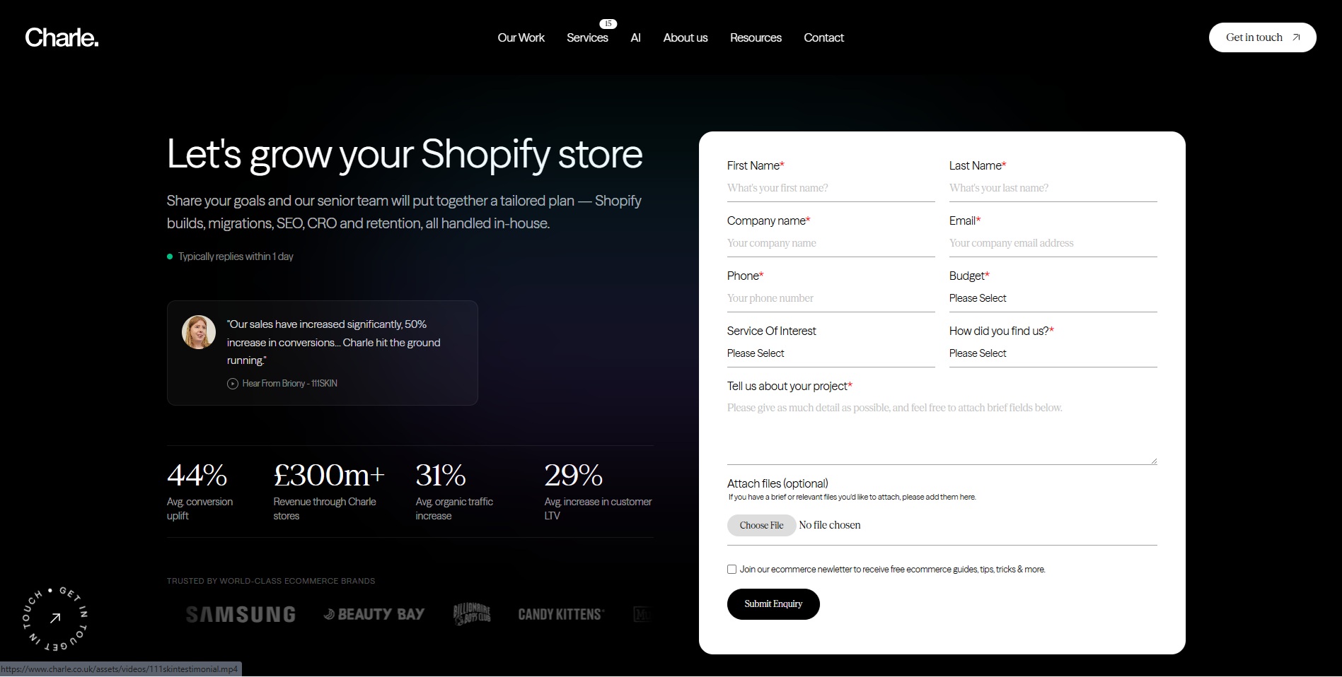 Charle homepage promoting ecommerce growth and Shopify services