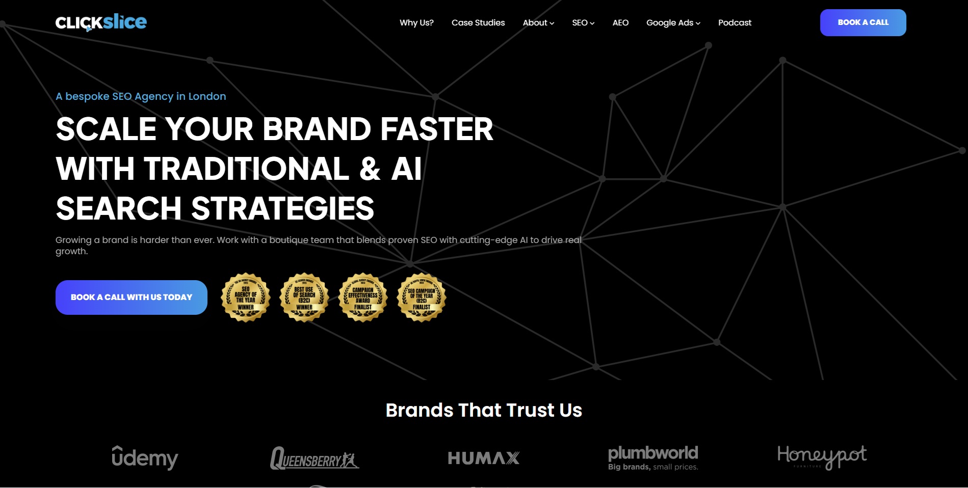 ClickSlice homepage promoting SEO and AI search services