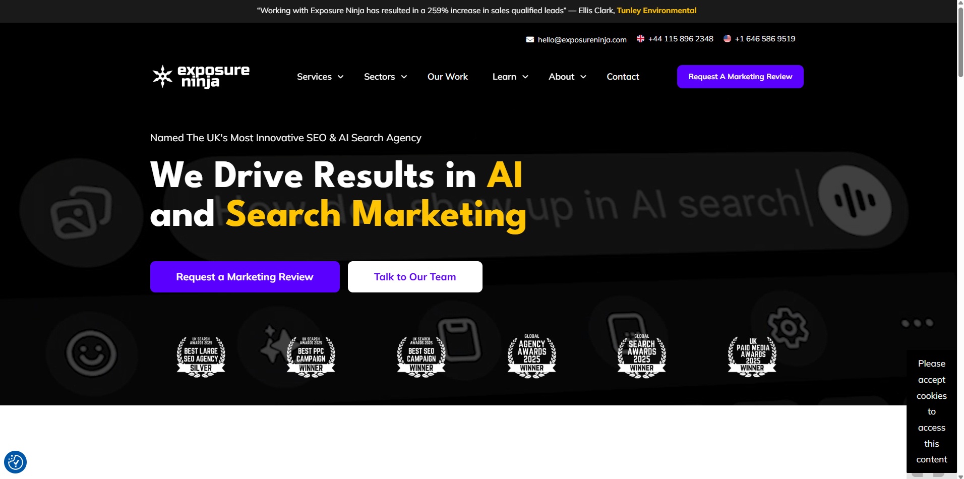 Exposure Ninja homepage promoting AI and search marketing services