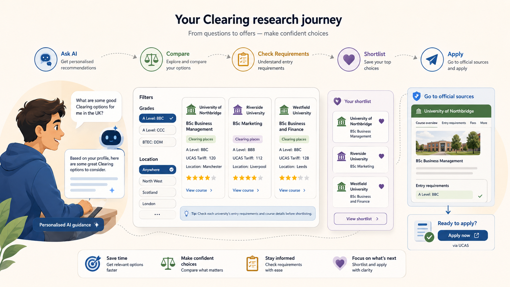 Illustrated Clearing research journey showing students using AI to compare universities, check entry requirements, shortlist options and apply
