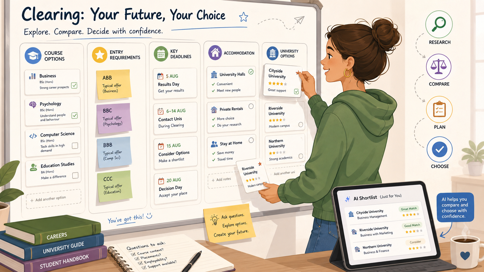 Student planning Clearing choices using course options, entry requirements, deadlines, accommodation and an AI-generated university shortlist