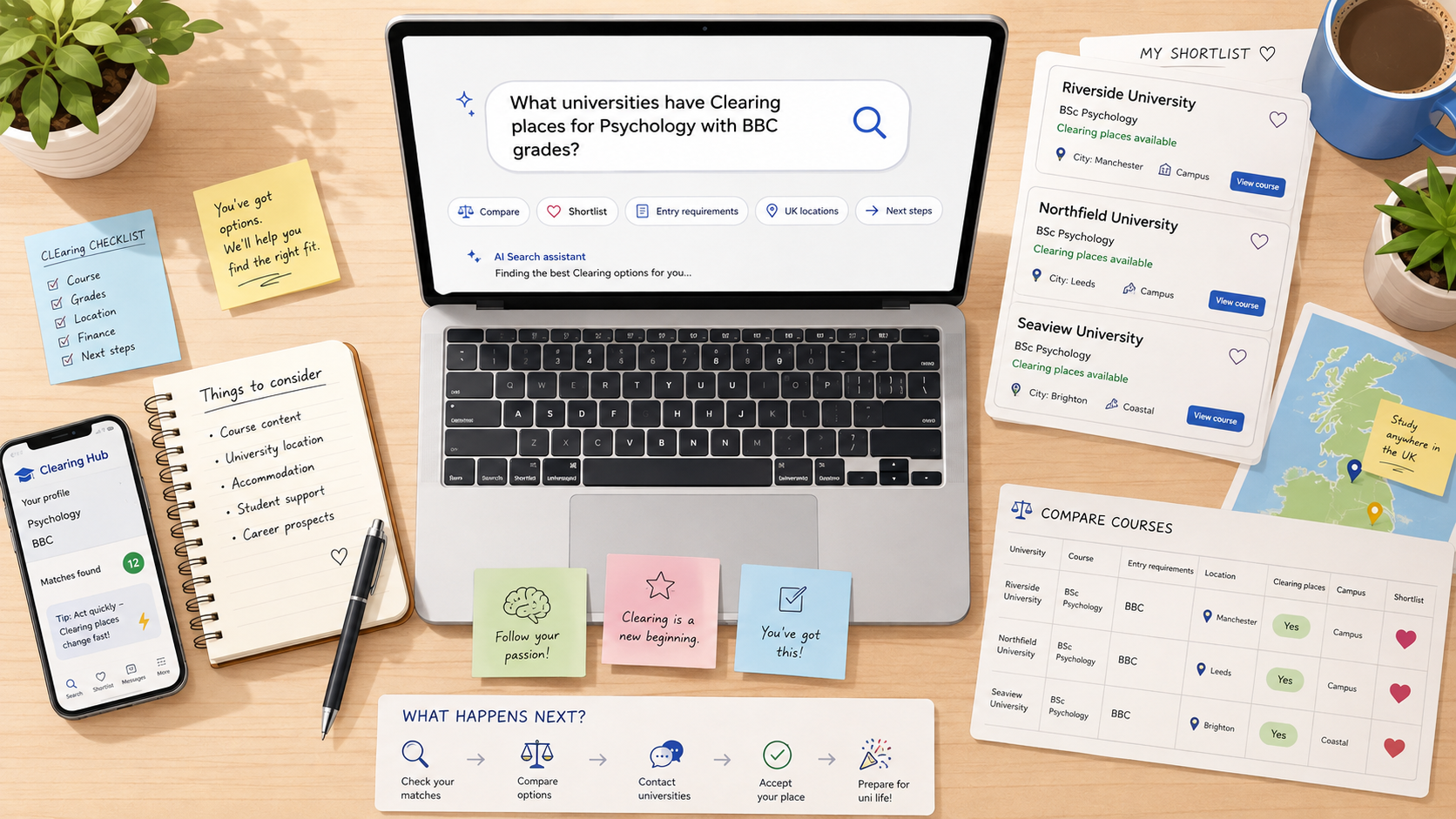 Student Clearing research setup showing AI search, university shortlists, course comparisons and next steps